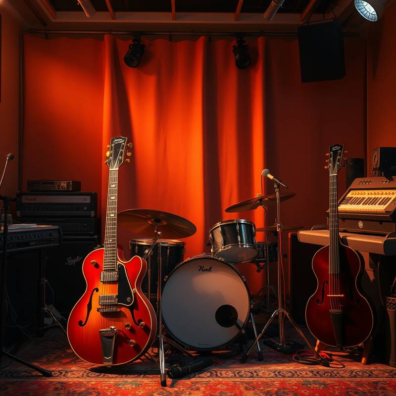Et udvalg af musikinstrumenter og produktionsudstyr